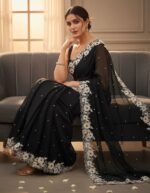 Elegant Black Chiffon Saree with White Floral Embroidery