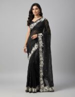 Elegant Black Chiffon Saree with White Floral Embroidery - Image 2