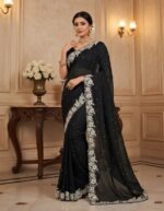 Elegant Black Chiffon Saree with White Floral Embroidery - Image 3
