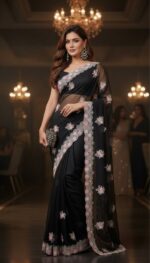 Elegant Black Georgette Saree with Pink and White Floral Embroidery