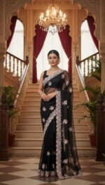 Elegant Black Georgette Saree with Pink and White Floral Embroidery - Image 2