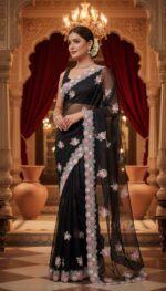 Elegant Black Georgette Saree with Pink and White Floral Embroidery - Image 3