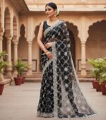Elegant Black Net Saree with White Floral Embroidery - Image 2