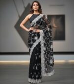 Elegant Black Net Saree with White Floral Embroidery