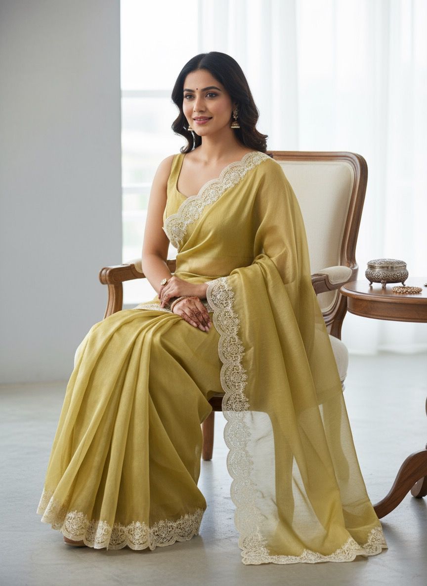 WhatsApp Image 2025-10-01 at 16.03.22_36a79335 Elegant Mustard Yellow Saree with White Lace Border - Image 1