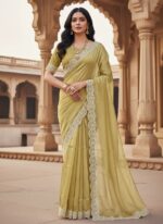 Elegant Mustard Yellow Saree with White Lace Border - Image 2