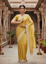 Elegant Mustard Yellow Saree with White Lace Border - Image 3