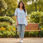 Elegant Light Blue Floral Embroidered Top - Image 2