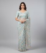 Elegant Pastel Blue Floral Embroidered Saree