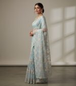 Elegant Pastel Blue Floral Embroidered Saree - Image 3