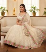 Elegant Cream Embroidered Lehenga with Vibrant Floral Border - Image 3