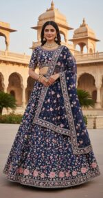 Elegant Navy Blue Floral Embroidered Lehenga