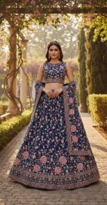Elegant Navy Blue Floral Embroidered Lehenga - Image 3
