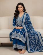 Elegant Blue Embroidered Kurta with Palazzo Set - Image 3