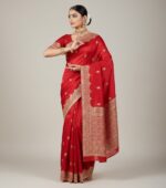 Elegant Red Saree with Golden Zari Embroidery – Code 8149