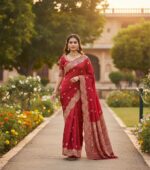 Elegant Red Saree with Golden Zari Embroidery – Code 8149 - Image 2