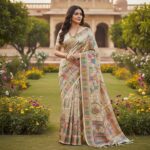Elegant Mughal Art Embroidered Cream Saree