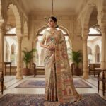 Elegant Mughal Art Embroidered Cream Saree - Image 2
