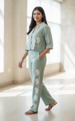 Sage Green Cotton Floral Co-ord Set -Relaxed Shirt & Straight Pants - Image 2