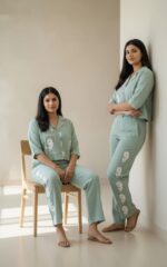 Sage Green Cotton Floral Co-ord Set -Relaxed Shirt & Straight Pants - Image 3