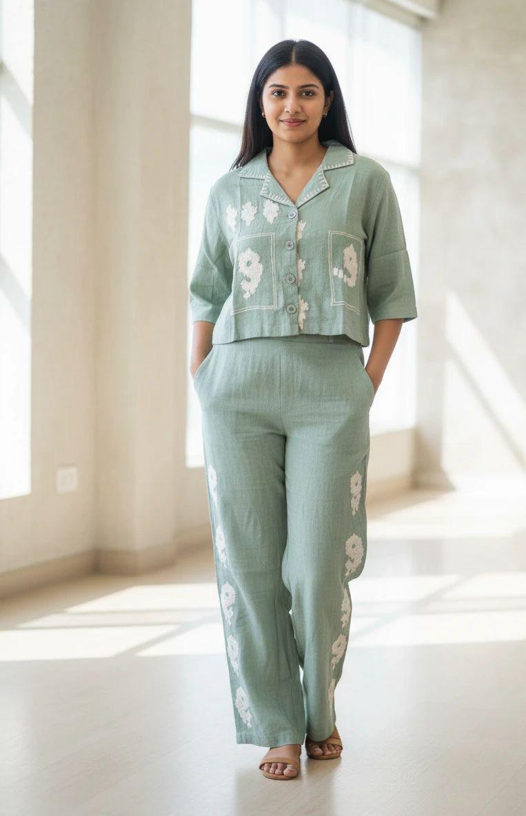 WhatsApp Image 2025-12-24 at 1.15.45 PM Sage Green Cotton Floral Co-ord Set -Relaxed Shirt & Straight Pants - Image 1