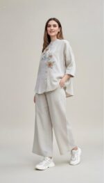 Beige Linen Floral Embroidered Co-Ord Set for Women - Image 3
