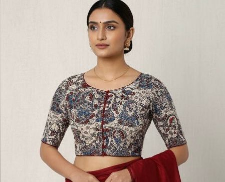 WhatsApp Image 2025-12-24 at 1.36.17 PM (1) Madhubani Print Back-Button Elbow-Sleeve Blouse - Image 1