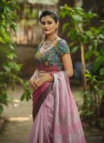 Hand-Painted Garden Motif Blouse with Pink Saree - Image 2