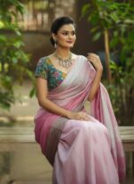 Hand-Painted Garden Motif Blouse with Pink Saree - Image 3