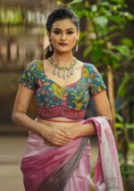 Hand-Painted Garden Motif Blouse with Pink Saree