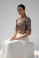 Purple Banarasi Brocade Readymade Blouse with Elbow Sleeves - Image 2