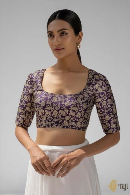 Purple Banarasi Brocade Readymade Blouse with Elbow Sleeves