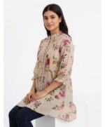 Floral Beige Pleated Tunic Top - Image 2