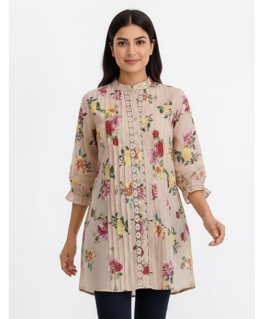 WhatsApp Image 2025-12-24 at 10.16.13 AM (2) Floral Beige Pleated Tunic Top - Image 1