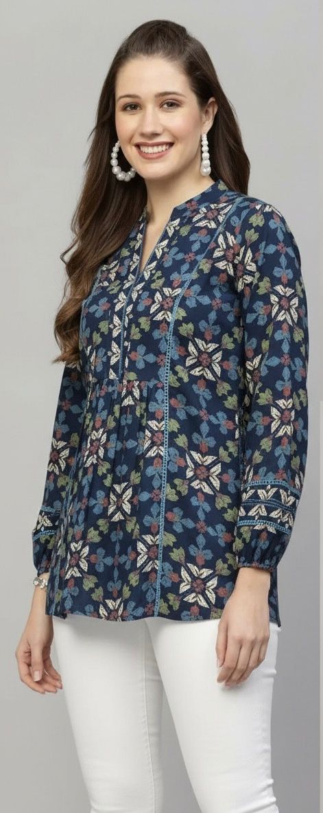 WhatsApp Image 2025-12-24 at 10.28.56 AM (2) Floral Printed Navy Blue Long Top for Women - Image 1