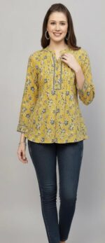 Mustard Yellow Floral Cotton Kurti Top - Image 3