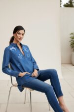 Denim Blue Floral Embroidered Longline Tunic Top for Women - Image 2