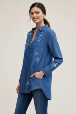Denim Blue Floral Embroidered Longline Tunic Top for Women