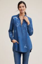 Denim Blue Floral Embroidered Longline Tunic Top for Women - Image 3