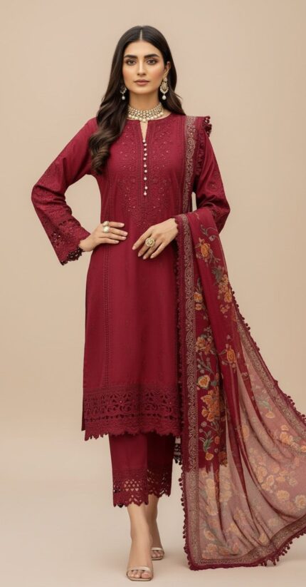 ethnic dress Elegant Maroon Embroidered Straight Kurti Set with Dupatta