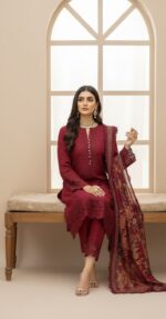 ethnic dress Elegant Maroon Embroidered Straight Kurti Set with Dupatta - Image 2