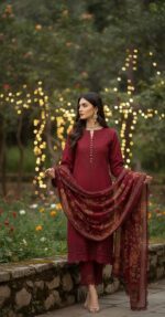ethnic dress Elegant Maroon Embroidered Straight Kurti Set with Dupatta - Image 3