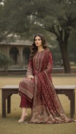 ethnic dress Maroon Ethnic Printed Straight Suit Set with Dupatta - Image 3