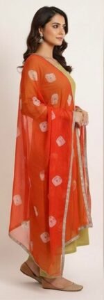 Coral Orange Sheer Printed Dupatta with Metallic Border - Image 2