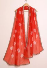 Coral Orange Sheer Printed Dupatta with Metallic Border