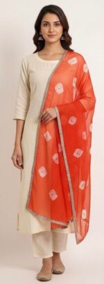 Coral Orange Sheer Printed Dupatta with Metallic Border - Image 3