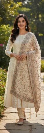 Ethereal Ivory Floral Embroidered Organza Dupatta with Intricate Scalloped Border