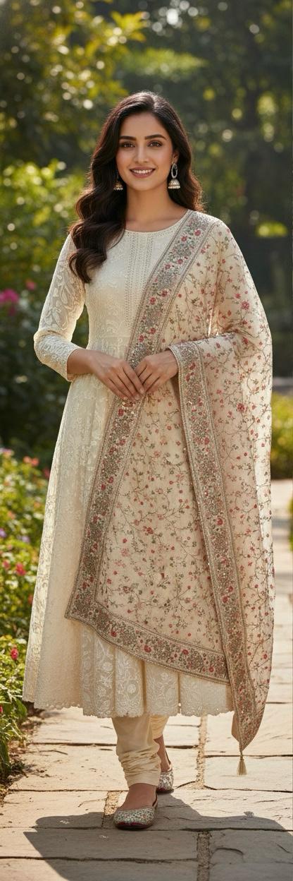 Ethereal Ivory Floral Embroidered Organza Dupatta with Intricate Scalloped Border