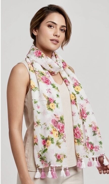 Floral Print Lightweight Scarf with Handcrafted Tassel Hem